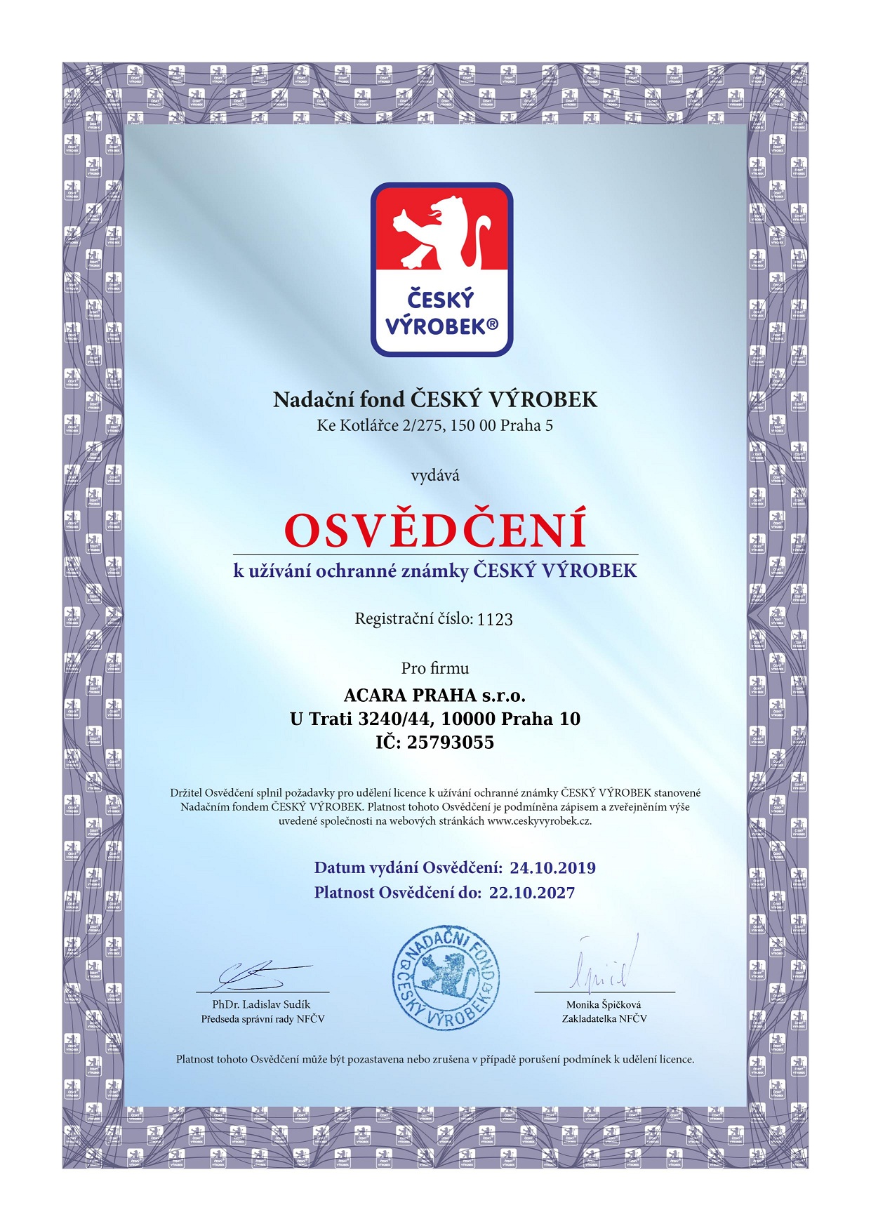 Certifikát ACARA - Český výrobek